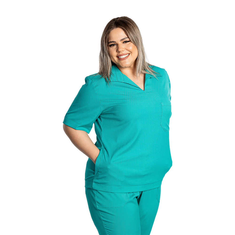 Costum medical stretch polo verde turcoaz, cu bluza in V si pantaloni tip jogger, cu snur si elastic 4